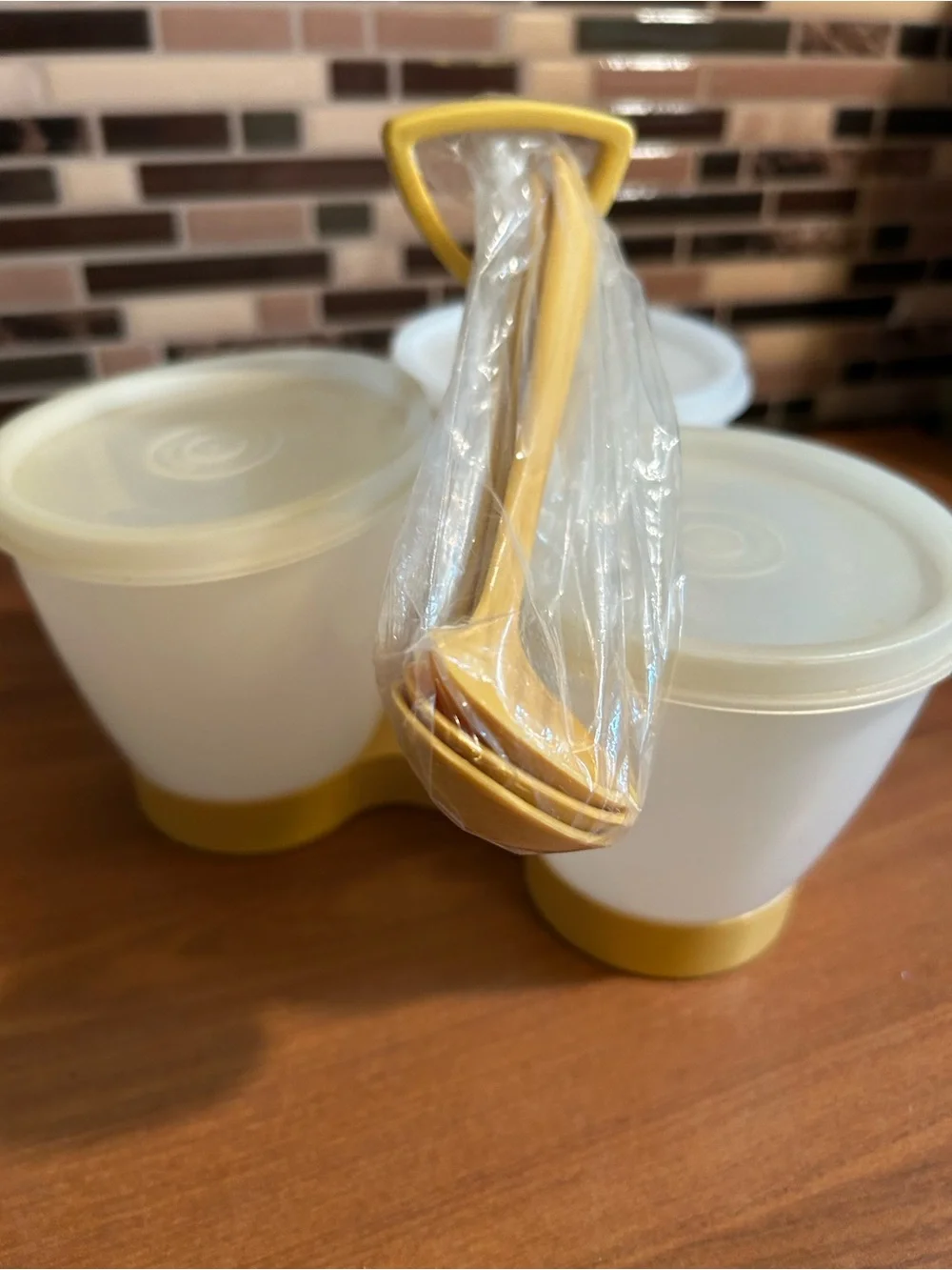 Vintage Harvest Gold Condiment Caddy with Lids & Ladles